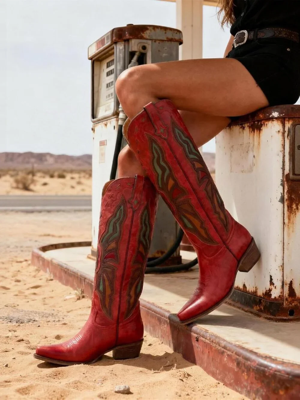Women's Red Cowboy Knee High Chunky Heel Butterfly Cowgirl Boots Wide Calf